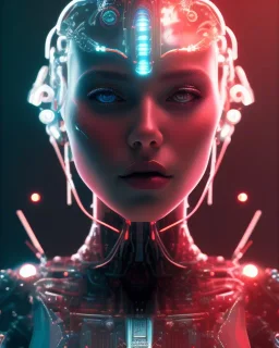 A beautiful portrait of a cyborg women red color scheme, high key lighting, volumetric light high details psychedelic background