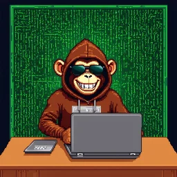 A grinning Monkey sitting in front of a laptop, hacking systems, wearing a hoodie and sunglasses. Matrix in background. Pixel Art. Profile Picture. Avatar. Pixel