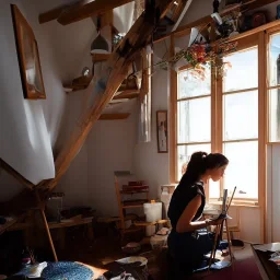 Beautiful female artist painting a self portrait in her attic studio, dramatic light, shadows