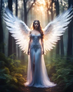 Beautiful Angel in Magical Forest full of lights Photography Art Photoshoot Art Cinematic Soft Blur Colors - Dramatic Pose