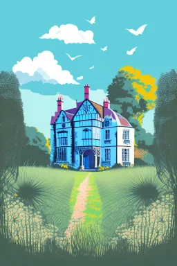 Disused, Victorian Manor House, Blue Sky, Over-Grown Fields, Vector Art