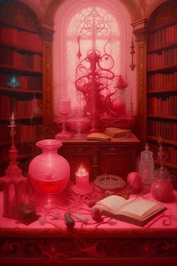 A pink archive with arcane magic painted by Henri Robert-Bresil
