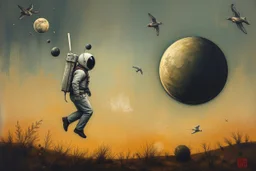 'Cause you and I will be like a couple of cosmonauts Except with way more gravity than when we started off" minimalisric surreal space composition Modifiers: oil on canvas surreal Mixed Media mysterious Impressionism heavy brushstrokes Jamie Heiden Gayane Khachaturian arbitrary colour alteration dmt puff mild exorcism Squeak Carnwath Bif Inc.™