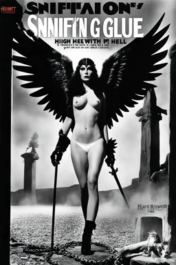SNIFFIN’ GLUE magazine high res photo cover by Helmut Newton: special 'boundage with heavy chains in hell for her' issue; guest star : Lilitha Embervein with her wings, daughter of the flame-wielding cult of Pyr’Zhar,