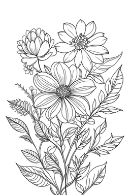 outline art for Flowers coloring pages with sitch, white background, Sketch style, full body, only use outline, toddlers style, clean line art, white background, no shadows and clear and well outlined.