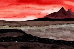 fantasy, illustration, watercolour, inhospitable locale, deserts of black sand, huge plains of dark granite, no water to be found anywhere, and no sunlight, blood-red sky, -brown, -plants, red sky, black sand,