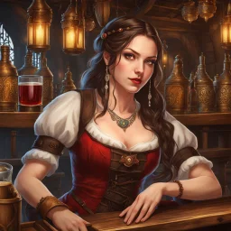 A looking young woman with pale skin and long brown hair in a fantasy tavern setting with intricate details. She is smirking, a tavern wench bartending, has intense red eyes, intimidating presence. High definition.