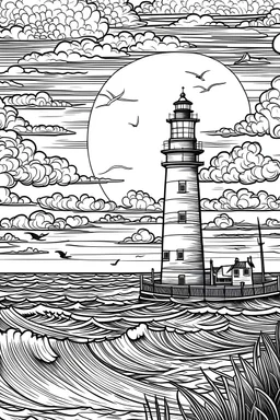 Coloring book lighthouse at the beach in the sunset. Ships are on the water. Coloringbook realistisc, black white, only black outlines