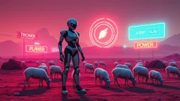 Retro futuristic sci-fi concept art, inspired by Philip K. Dick's novel "Do Androids Dream of Electric Sheep?", highly detailed android standing in a desolate landscape with electric sheep grazing, neon lights and glowing signs in the background, created using digital painting techniques and 3D rendering software, by Syd Mead and H.R. Giger, (long shot), vibrant colors, cyberpunk style.