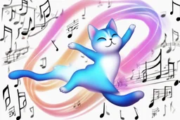 cute chibi dynamically dancing cat, holographic, bioluminescent, an image visualizing musical notes in an abstract and dynamic composition. Let the musical notes dance in the air, forming a symphony of shapes and symbols that convey the essence of sound. Show the notes floating and intertwining in air, creating a visually harmonious composition