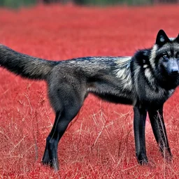 Black wolf, red in ears, red on snout