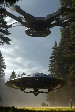 bright day, a bunch of school kids see 1 ufo flying over tall pine trees, concept art, by Asaf Hanuka, by Weta Digital, Electric Colors, Screen Space Global Illumination, in a symbolic and meaningful style, the craft has flat bottom,3 large lights underneath glow with intense fury, kids running up to craft with wonder