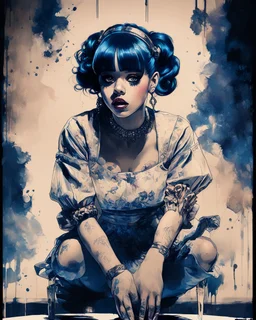 Poster in two gradually, a one side the Singer Melanie Martinez face, full body, sit pose, painting by Yoji Shinkawa, darkblue and sepia tones,sinister, detailed iridescent, metallic, translucent, dramatic lighting, hyper futuristic, digital art, shot with Sony Alpha a9 Il and Sony FE 200-600mm f/5.6-6.3 G OSS lens, natural light, hyper realistic photograph, ultra detailed -ar 3:2 -q 2 -s 750,malevolent goth vampire girl face and other side