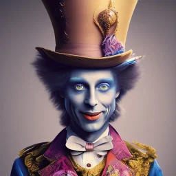 "Mad Hatter" book young man character of "Alice in the wonderland".Detailed face, detailed eyes, blue eyes, Realistic lighting,, elegant dress,sarcastic smile,big top hat,.behance contest winner, generative art, baroque, intricate patterns, fractalism, movie still, cartoon.style by Disney,Chie Yoshii,earnst haeckel,james jean.