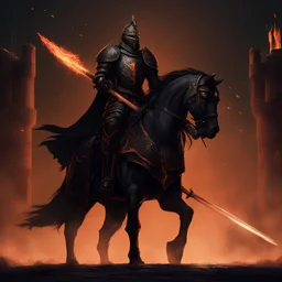 A tall, black-armored knight sits majestically on a huge, black warhorse. In his right hand he holds a flaming sword that illuminates the night darkness. Before him rises the silhouette of an ancient castle, its battlements bathed in orange fire. Sparks fly in the air as the walls glow with flames. The knight looks fierce, ready to go into battle and fight evil. His horse prances restlessly, scenting the fight. Medieval siege weapons and torches can be seen in the background, bathing the s