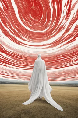 Giant massive huge in stature, majestic entity, hovering and floating over a large field landscape. the entity wears a white and red draped fabric that has printed on the material resembling stars. the fabric has also technological elements. you can see how big it is compared to a tiny human standing in front of it