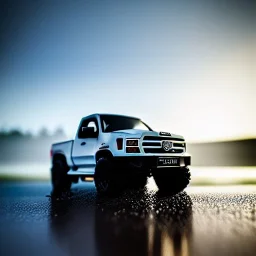 photorealistic shot, Toy R C truck, monotone color palette, sharp focus, puddle reflection, refraction, mist on the horizon, shadowcast, detailed and intricate, intense cinematic composition