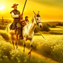 Don Quixote riding on a path in the Andalusian countryside a horse holding a long spear in his hand, followed by a donkey Sancho Panache, in the background a white windmill and a field of grasses and wild flowers, sunset time, ultra real shot, UHD, 12 K, wide angle shot, cinematic, shot , outdoor photography