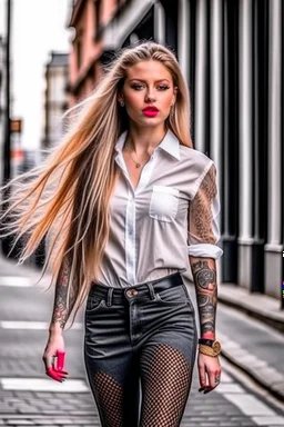 full body tattooed beautiful female supermodel with very long blonde hair floating on air unbutton shirt walking on street posing for magazine cover photoshoot