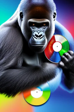 action shot of a Gorilla with headphone mixing two CDs with big Dj controller, Fractal art, tshirt vector, enclosed in a rectangle, vivid colours, sunshine, contour, white background