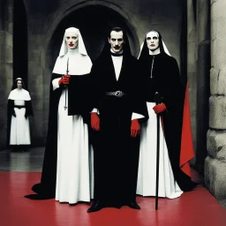 [high res colourful photo by Helmut Newton] Dracula introduces you: sister Bloody Mary, he stands with a pervert smile behind the nun, she is terribly bloody and has pointed canine fangs