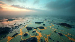 aerial view of a landscape covered in sulfur and acid that looks futuristic with futuristic lighting, horizon, realistic rendering