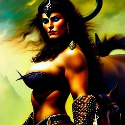 portrait oil on canvas, beautiful busty female Barbarian Warrior, riding a Black Horse,green eyes, ,minimal armor,comic book cover, mystical colors,insanely detailed,realistic,intrincate detail, 16k resolution, masterpiece,Frank Frazetta,Alex Horley, Simon Bisley