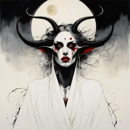 [art by Ralph Steadman] Pale Demonic Woman in open White Robes With Black Curved Horns and carmin lips. Ethereal Moonlight. Beautiful; Tragic; Delicate; Nightmarish; Eldritch; Detailed; Complex