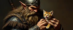 master oil painting by Rembrandt, fantasy orc soldier holding and petting a happy kitten
