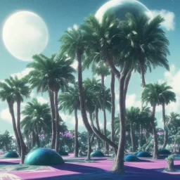 1980's aesthetic vaporwave curvy palm trees with spheres and ufo