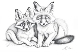 Young, playful foxes - Pencil drawing, realistic, graphite