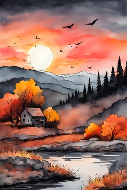 A beautiful autumn sunset, ink and pen brush style, gouache, masterpiece, 8K