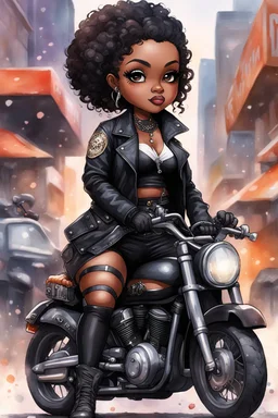 Create a watercolor image of a chibi curvy black female wearing a biker's coat and boots with black tights. Prominent make up with hazel eyes. She is sitting on a big Harley Davidson motorcycle at a bike show.