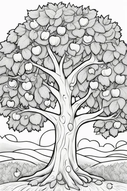 coloring page, apple tree, cartoon style, thick lines, low detail, no shading