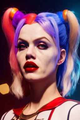 Eva Herzigova as Harley Quinn, closed eyes, rtx, reflection, 8k, glow, winning photography, caustics