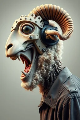 side profile, with heading (autofarm) in poster form,a portrait of a fat head mechanic sheepman, man is eating a hybrid mixed body part sheep, giant eyes sheep alien style H.R giger look. as one headed mouth open, rough teeth, turn head