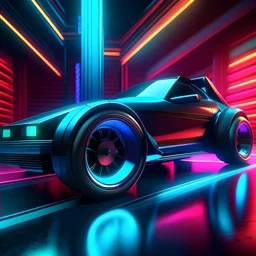 Create a 3D render style poster featuring a little RC Cart close-up, standing in front of a V12 engine luxury car. The background milieu is futuristic and synth wave-inspired. The viewing angle is unlike the original because it is seen from the side.