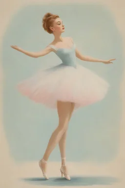 1950s illustration of a ballerina, style of Marcel Marlier, pastel colors