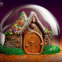 an intricate hobbit-style gingerbread house under a glass dome, rainbow sprinkles, frosting, 8k resolution, centered, high-quality, ultrafine-detail, digital art, flickering light, detailed matte, volumetric lighting, illustration, 3D octane render, brian froud, howard lyon, ben goossens, George Grie, greg rutowski, alphonse mucha