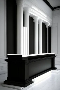 Museum reception desk with black walls, white floor, hidden or rich lighting with columns at the back