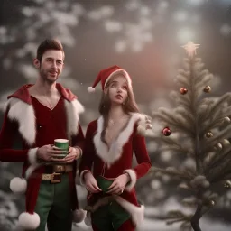 two elves. woman and man. Christmas scene. photorealistic. low-key