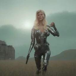 Ultra Realistic retro sci-fi movie war scene, waist up view portrait, blonde woman pointing a gun, sweet young Claudia Schiffer face, perfect iris, glow eyes, makeup, weapon. Drones background, Retro sci-fi style, helmet, tight latex coat, fog, rain, soft color, highly detailed, unreal engine 5, ray tracing, RTX, lumen lighting, ultra detail, volumetric lighting, 3d, finely drawn, high definition, high resolution.