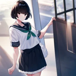 Clear focus, High resolution, short black hair, black eyes, wearing a sailor uniform, rough line, frowning, fluffy bob cut, fluffy hair, long white socks