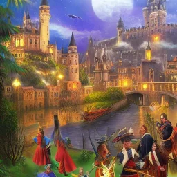 A magical canal city of wizards, witches and warlocks with a castle sir Mai Kemble style