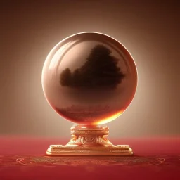 large, ornate, fog-filled crystal ball on bronze stand on embroidered red tablecloth, flickering light, 8k resolution, high-quality, fine-detail, intricate, digital art, detailed matte, volumetric lighting, illustration, octane render, George Grie, Ben Goossens, Igor Morski, brian froud, howard lyon, selina french, anna dittmann