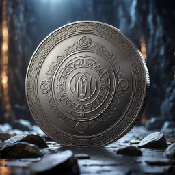 a silver coin called a Silver Moon standing on edge. ancient viking runes. flat coin. show one whole coin front on at a distance. fantasy concept art, exquisite realism, a masterpiece, dynamic lighting, hyper detailed, intricately detailed, deep color, Unreal Engine, volumetric lighting , Epic cinematic brilliant stunning intricate meticulously detailed dramatic atmospheric maximal,