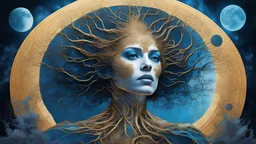 Universe, Galactic space portrait of a woman, moon, roots, inspired by architecture, crazy details and double exposure in fantasy style, gold, glitter, blue, fine art, hyper detailed main society, fine rendering, sharp drawing, vibrant colors