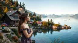 create a realistic photo of beautiful lady with make up in Austeria country side house standing hands relax pose next to pretty lake with ships,trees houses,wild flowers, pretty beach ,and distance mountains 16 by 9