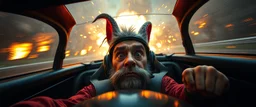 weird perspective worried human race car driver close up portrait of dj dwarf skunk troll gnome pilot looking down on cam, with background in the style of escher and giger, a chill contrapunctus fugue in the style of fsol, beethoven, goa trance breaks, dancefloor drum and bass, burning cars, fire and explosions