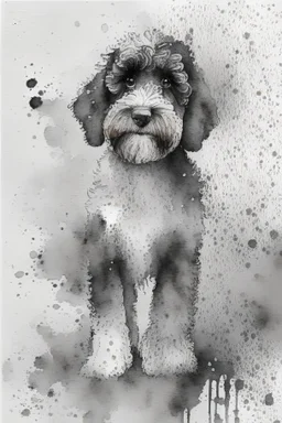 Abstract wet watercolour of a black and white bernadoodle, ink lines, splashy background detailed,focus on eyes, watercolour paper